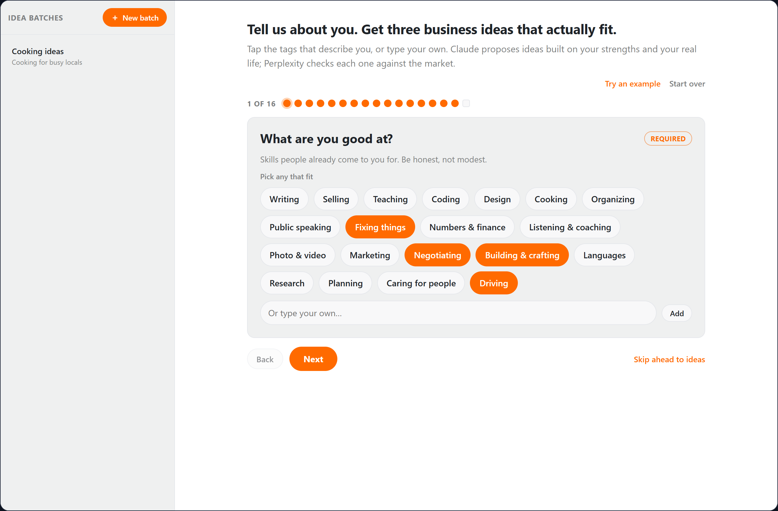 The first profile question, What are you good at, with tappable skill tags such as Writing, Selling, Fixing things and Driving.