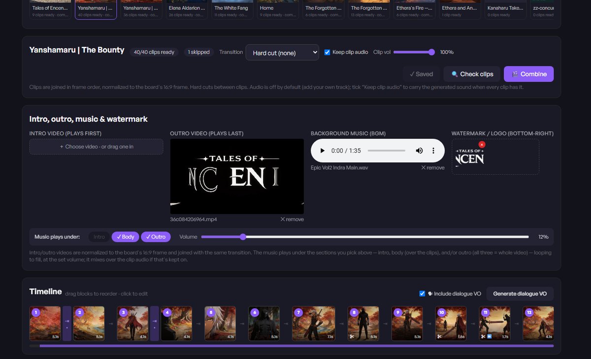 The GenWax Combine tab with the whole film on one timeline