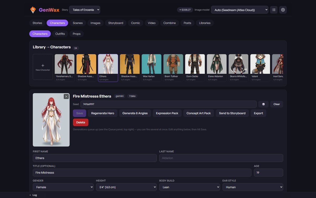 The GenWax Characters workspace, showing a cast library and a character sheet