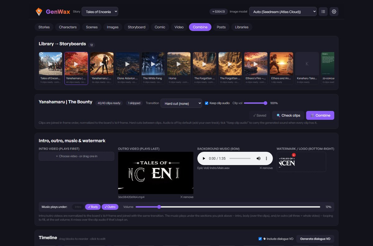 The GenWax Combine workspace, showing clips assembled on one timeline