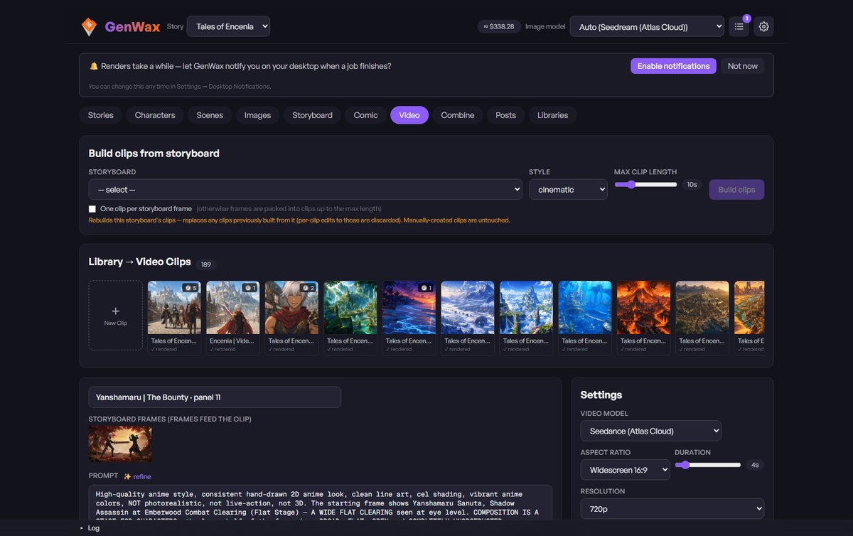 The GenWax Video workspace, showing generated clips