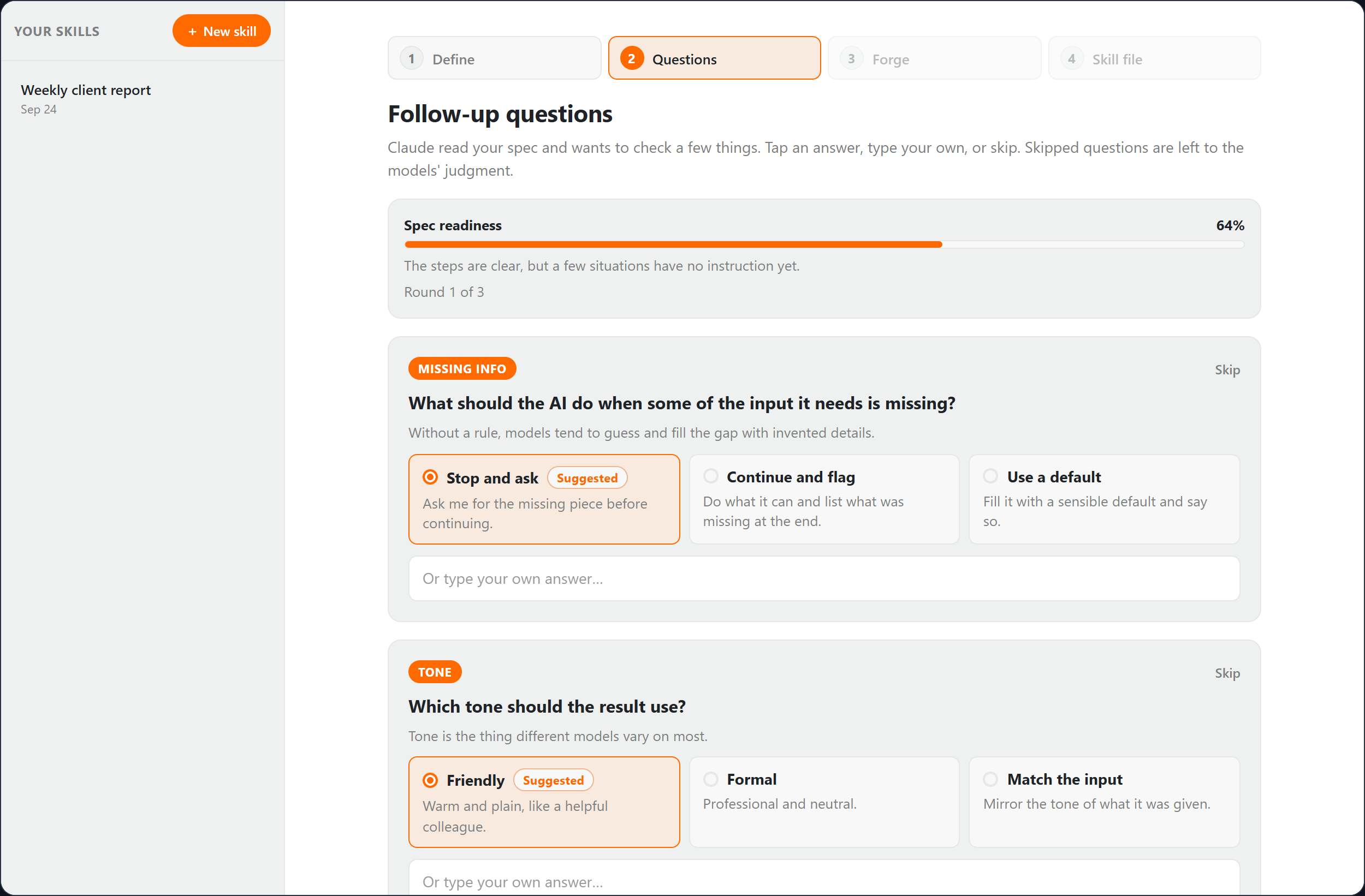 Follow-up questions from Claude with a spec readiness bar at 64 percent, asking what to do when input is missing and which tone to use, each with tappable suggested answers.