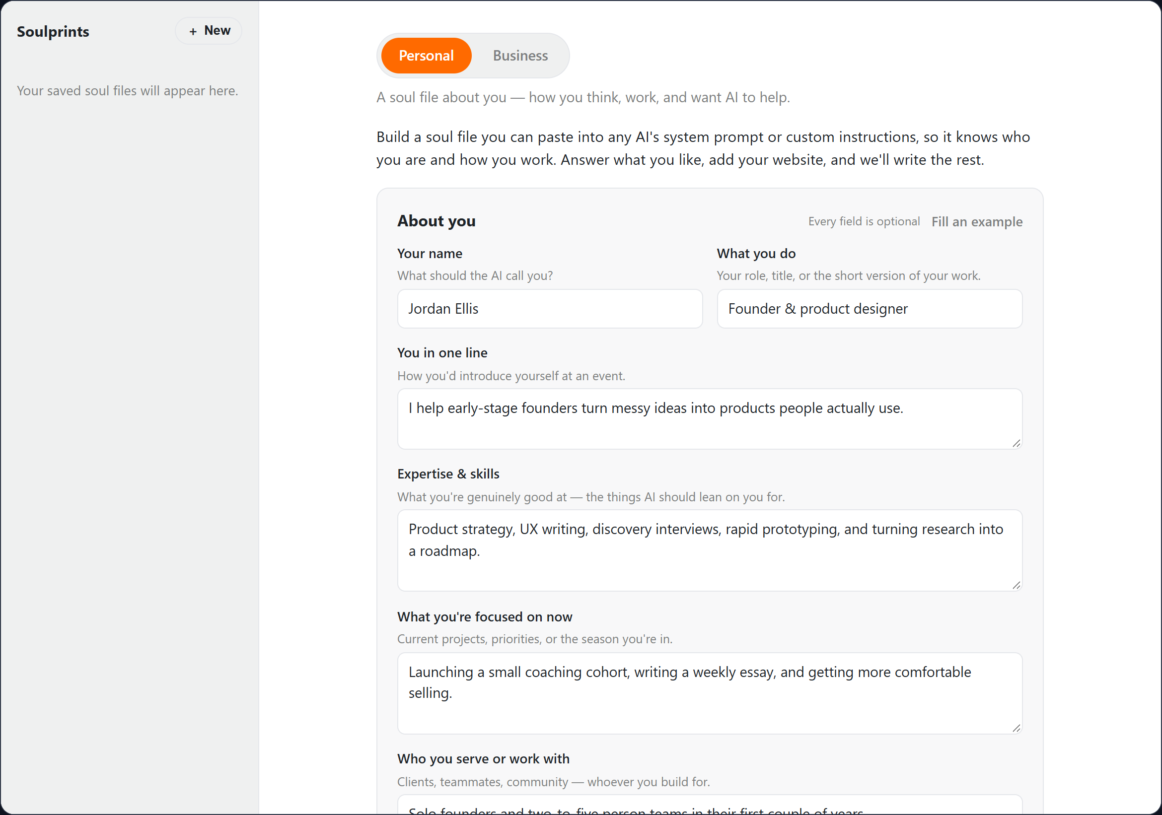 The Soulprint profile form in Personal mode, with fields for name, role, a one-line introduction, expertise and current focus.