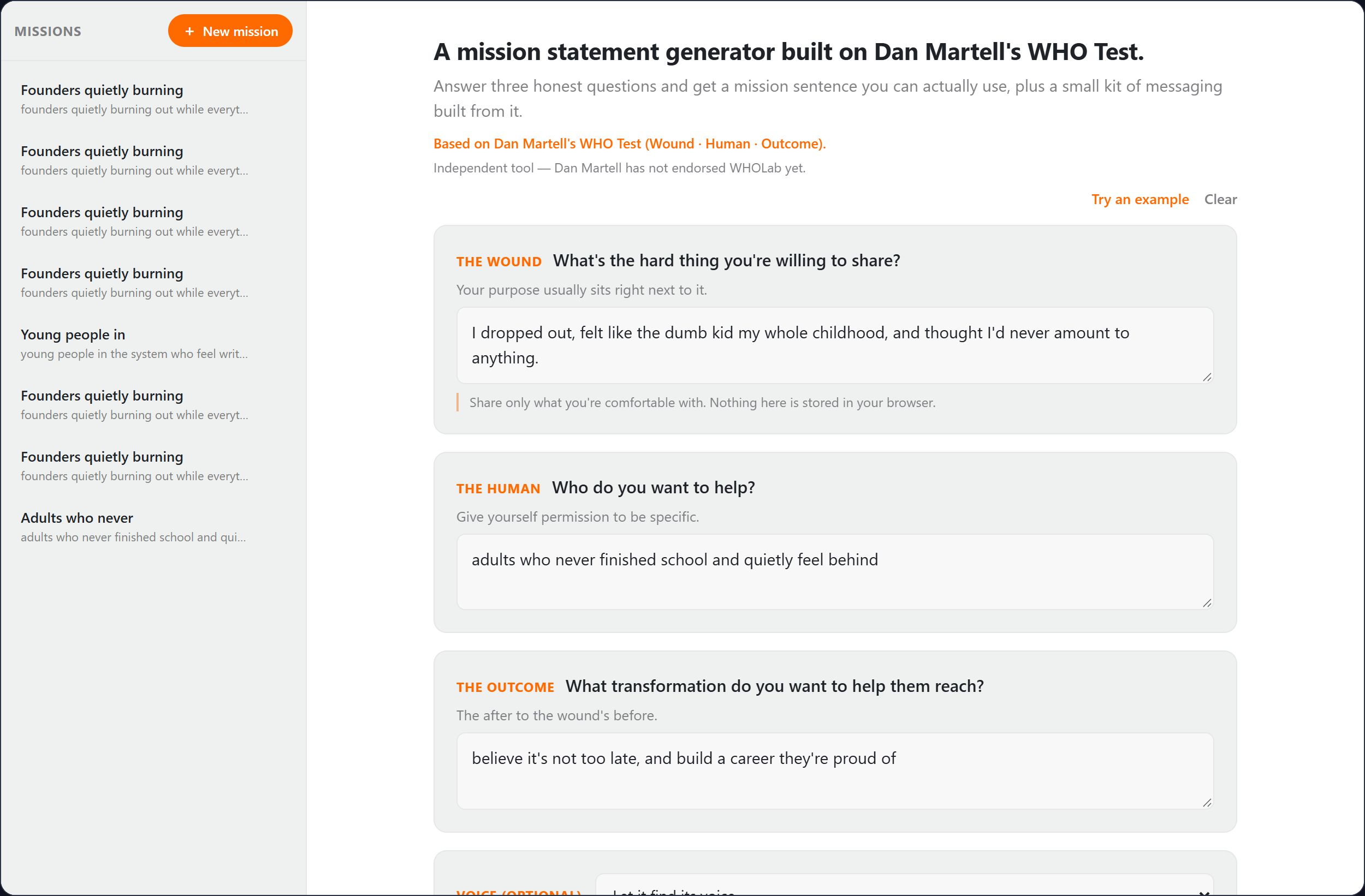 The WHOLab questions: the wound, the human and the outcome, each with a short prompt and an example answer filled in.